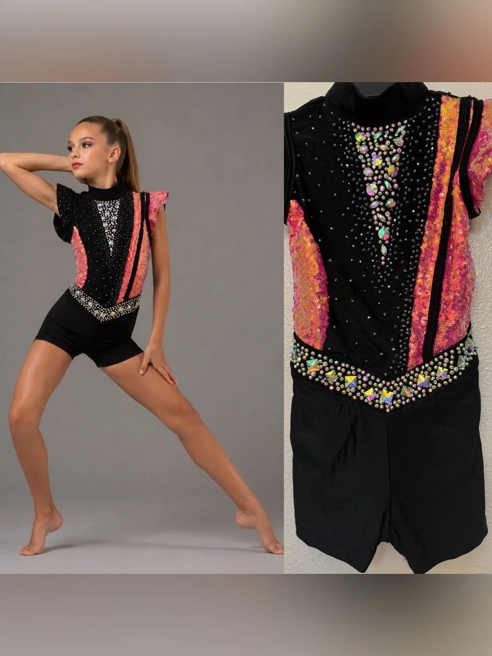 Glamour black hot pink jazz acro bling Dance Costume MC-Medium child